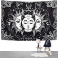 Miniatyrbillede 2 af 5: Sol og Måne Vægtæppe, Sort og Hvid Vægtæpper Mystisk Brændende Sol med Stjerne Væghængende Dekoration til Soveværelse (150 cm B x 130 cm L)