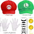 Miniatyrbilde 3 av 5: Super Mario Bros Mario og Luigi Hatter Caps Bartesett Hansker Knapper Cosplay Kostyme_RY