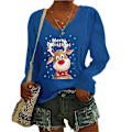 Miniatyrbild 1 av 2: Dam Xmas Elk Print V-ringad T-shirt Jul Fritids Långärmad Tröja Toppar 3XL Blå Blue 3XL
