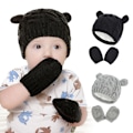 Miniatyrbild 4 av 5: Babyhatt och Vantar, Baby Flicka Pojke Hatt Vantar Set Vinter Stickade Hattar Baby Nyfödda Hattar för Baby 0-2 Månader (S; Svart)