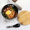 Pikkukuva 2 / 3: RY-Ramen kulhosetti, japanilaiset ramen-nuudelikulhot kannella ja lusikalla, suuri keraaminen keittokulho, käsin piirretty musta riisikulho 6,5 tuumaa -p retro nuudelikulho