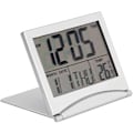 Miniatyrbillede 2 af 5: Digital vækkeur, bærbar, foldbar, temperatur, kalender, snooze, LED-display, med læderbetræk (1 stk., sølv)
