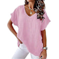 Miniatyrbillede 1 af 3: Dame Bomuld Linned Tunika Toppe Kvinder V-Hals T-Shirt Løs Bluse Plus Størrelse P20211224421 pink 3XL