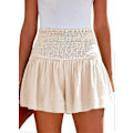Pikkukuva 1 / 5: Naisten puuvillashortsit, korkea joustava vyötärö, laskostettu röyhelö, söpöt shortsit, rantashortsit, rennot shortsit S-xl Beige Large