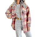 Miniatyrbilde 1 av 5: Vinter Ulljakke Casual Rutete Flanell Shacket Jakke Oversized Knapp Ned Lang Ermet Høst Skjortejakke Kåpe Topper Jakke Kvinner PINK M