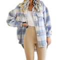 Miniatyrbilde 4 av 5: Vinter Ulljakke Casual Rutete Flanell Shacket Jakke Oversized Knapp Ned Lang Ermet Høst Skjortejakke Kåpe Topper Jakke Kvinner GREY M