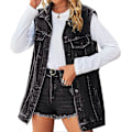 Miniatyrbilde 1 av 4: Ermeløs denimjakke for kvinner, knappestolpe, jeansvest, middels lang vest Black Small