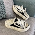Miniatyrbillede 3 af 5: Dame Lærred Flade Hjemmesko 2023 Nye Dame Snørebånd Casual Sko Kvinde Mode Platform Hjemmesko Dame Denim Strand Åben Tå Sandaler Black 38