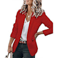Miniatyrbillede 2 af 4: Dame Ensfarvet Åben Front Revers Blazer Langærmet Arbejde Kontor Cardigan Jakke Red M