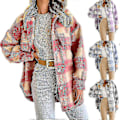Miniatyrbilde 2 av 5: Vinter Ulljakke Casual Rutete Flanell Shacket Jakke Oversized Knapp Ned Lang Ermet Høst Skjortejakke Kåpe Topper Jakke Kvinner PINK XL