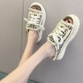 Miniatyrbillede 4 af 5: Dame Lærred Flade Hjemmesko 2023 Nye Dame Snørebånd Casual Sko Kvinde Mode Platform Hjemmesko Dame Denim Strand Åben Tå Sandaler lattice 37