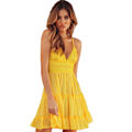 Miniatyrbillede 3 af 5: Dame Boho V-hals Mini Kjole Stropløs Ferie Sommer Strand Flæse Sommerkjole Yellow L*yellow