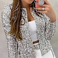 Miniatyrbillede 5 af 5: Dame Cardigan Langærmet Skinnende Pailletjakke Åben Front Casual Damejakke Silver 2XL