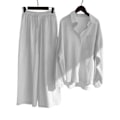 Miniatyrbild 1 av 2: Dam Casual 2-dels Blus Outfit Bomull Linne Långärmad Knappskjorta Topp + Vida Ben Byxor Lounge Set White 3XL