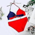 Pikkukuva 2 / 4: Naisten värilohko bikinin setti, pehmustetut push-up uimahousut, halter-kaula-uimapuku Dark Blue Red M