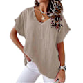 Miniatyrbillede 1 af 3: Dame Bomuld Linned Tunika Toppe Kvinder V-Hals T-Shirt Løs Bluse Plus Størrelse P20211224421 khaki XL