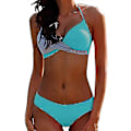 Miniatyrbillede 1 af 3: Dame Farveblok Bikini Sæt Polstret Push Up Badetøj Halter Hals Badetøj Light Grey Sky Blue 2XL