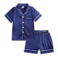 Miniatyrbild 1 av 2: Barn Småbarn Baby Flicka Pojke Satin Pyjamas Set Lång Kort Ärm Knäppning Pyjamasskjorta Topp+byxor Underdelar Sovkläder Outfits Style A Blue 2-3 Years
