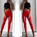 Miniatyrbild 1 av 5: Högmidjade Läderleggings Enfärgade Ankelkorta PU Leggings För Höst Vår Vinter Red 2XL