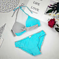 Pikkukuva 2 / 2: Naisten värilohko bikinin setti, pehmustetut push-up uimahousut, halter-kaula-uimapuku Light Grey Sky Blue M