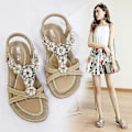 Miniatyrbilde 2 av 5: Dame Rhinestone Sandaler, T-stropp Spenne Perle Krystall Flate Sandaler Beige 40