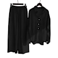 Miniatyrbild 1 av 2: Dam Casual 2-dels Blus Outfit Bomull Linne Långärmad Knappskjorta Topp + Vida Ben Byxor Lounge Set Black 2XL