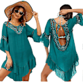 Miniatyrbillede 1 af 5: Badedragt Cover Up Dame Badedragt Kjole Plus Size Sexet Bikini Strand Tunika Top Sommer A a darkcyan M