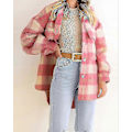 Miniatyrbilde 3 av 5: Vinter Ulljakke Casual Rutete Flanell Shacket Jakke Oversized Knapp Ned Lang Ermet Høst Skjortejakke Kåpe Topper Jakke Kvinner PINK XL