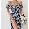 Miniatyrbillede 2 af 3: Elegant sød blomsterprint kjole til kvinder sommerkjoler stropløs kort pufærme slank søm slids maxikjole Blue L