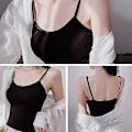 Miniatyrbillede 2 af 5: 2-i-1 Basic Sømløs Camisole til Kvinder, Ensfarvet Spaghetti Stropper, Slim Fit Bomuld, Justerbare Spaghetti Stropper Tank Top Med Indbygget BH Black L