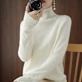 Miniatyrbillede 1 af 2: Dame Turtleneck Cashmere Sweater Efterår og Vinter Ensfarvet Strikket Pullover White XXL