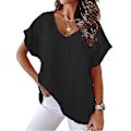 Miniatyrbillede 1 af 3: Dame Bomuld Linned Tunika Toppe Kvinder V-Hals T-Shirt Løs Bluse Plus Størrelse P20211224421 black 3XL
