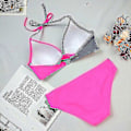 Pikkukuva 3 / 5: Naisten värilohko bikinin setti, pehmustetut push-up uimahousut, halter-kaula-uimapuku Light Grey Rose Red M