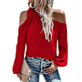 Miniatyrbilde 1 av 5: Dame Topp Kald Skulder Knyteknute Ensfarget Lykt Erme Elastisk Mansjett Chiffon Elegant Casual Bluse Skjorte Red S