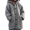 Miniatyrbillede 1 af 4: Dame Hætte Strikket Sweater Efterår Vinter Mellemlang Ensfarvet Knap Sweater Uldfrakke Jakker Overdele Gray 4XL