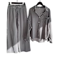 Miniatyrbild 1 av 2: Dam Casual 2-dels Blus Outfit Bomull Linne Långärmad Knappskjorta Topp + Vida Ben Byxor Lounge Set Grey S