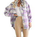 Miniatyrbilde 2 av 5: Vinter Ulljakke Casual Rutete Flanell Shacket Jakke Oversized Knapp Ned Lang Ermet Høst Skjortejakke Kåpe Topper Jakke Kvinner GREY XL