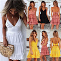 Miniatyrbillede 2 af 5: Dame Boho V-hals Mini Kjole Stropløs Ferie Sommer Strand Flæse Sommerkjole Yellow L*yellow