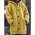 Miniatyrbillede 1 af 4: Dame Hætte Strikket Sweater Efterår Vinter Mellemlang Ensfarvet Knap Sweater Uldfrakke Jakker Overdele Yellow M