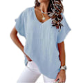 Miniatyrbilde 1 av 3: Dame Tunika Topper i Bomulls Lin, V-hals T-skjorte Løs Bluse Pluss Størrelse P20211224421 blue M