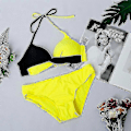 Miniatyrbilde 2 av 3: Bikinisett for kvinner med fargeblokker, polstret push-up badedrakt, halter-nakke badedrakt Black Yellow M