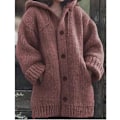 Miniatyrbillede 1 af 4: Dame Hætte Strikket Sweater Efterår Vinter Mellemlang Ensfarvet Knap Sweater Uldfrakke Jakker Overdele Red XL