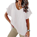Miniatyrbillede 1 af 3: Dame Bomuld Linned Tunika Toppe Kvinder V-Hals T-Shirt Løs Bluse Plus Størrelse P20211224421 white L