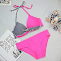 Pikkukuva 2 / 5: Naisten värilohko bikinin setti, pehmustetut push-up uimahousut, halter-kaula-uimapuku Light Grey Rose Red M