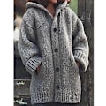 Miniatyrbillede 2 af 4: Dame Hætte Strikket Sweater Efterår Vinter Mellemlang Ensfarvet Knap Sweater Uldfrakke Jakker Overdele Gray 4XL