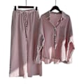 Miniatyrbild 1 av 2: Dam Casual 2-dels Blus Outfit Bomull Linne Långärmad Knappskjorta Topp + Vida Ben Byxor Lounge Set Pink M