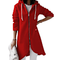 Miniatyrbillede 1 af 2: Dame Irregular Full Zip Lang Frakke Casual Udendørs Efterår Langærmet Hættejakke Red 3XL