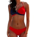 Färgblockerad Bikiniuppsättning för Kvinnor, Vadderad Push-Up Baddräkt, Halterhals Baddräkt Dark Blue Red XL