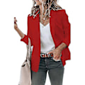 Miniatyrbillede 1 af 4: Dame Ensfarvet Åben Front Revers Blazer Langærmet Arbejde Kontor Cardigan Jakke Red M