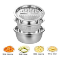 Miniatyrbillede 1 af 6: 3 i 1 grøntsagsskærer afløbskurv rustfrit stål grøntsags julienne rivejern Salatmaskine skål Køkken gadgets Silver